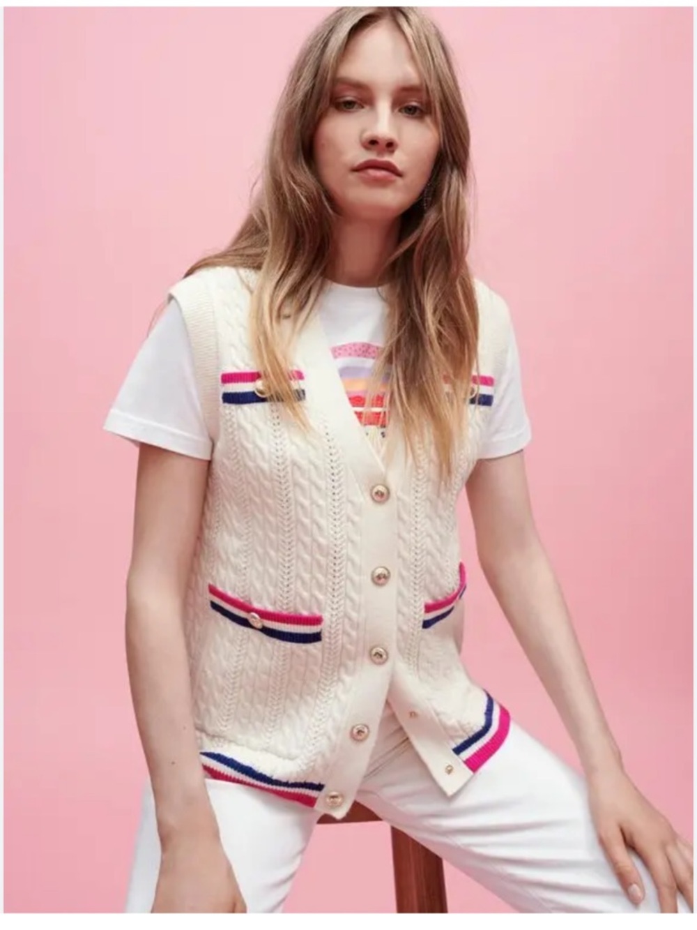 Maje Cream Cable Knit Button Vest. Size 3